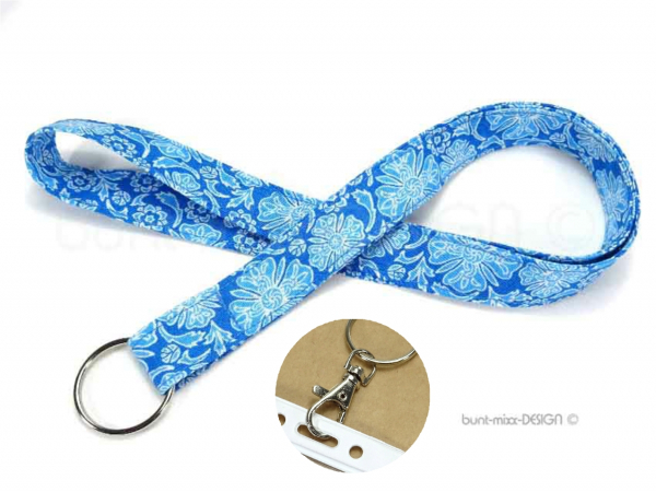 Sterne Schlüsselband lang Blumenmuster blau weiß ID-card-lanyard | handmade BuntMixxDESIGN